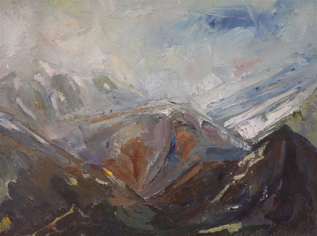 Peter Bishop, oil on canvas and on board, Landscape Kent and Scottish Highlands, both labelled, 29 x 37cm and 35 x 45cm